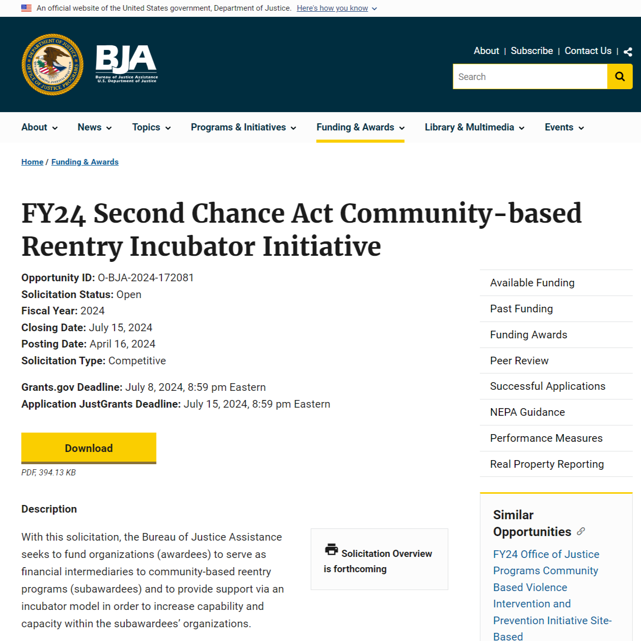 FY24 Second Chance Act Community-based Reentry Incubator Initiative