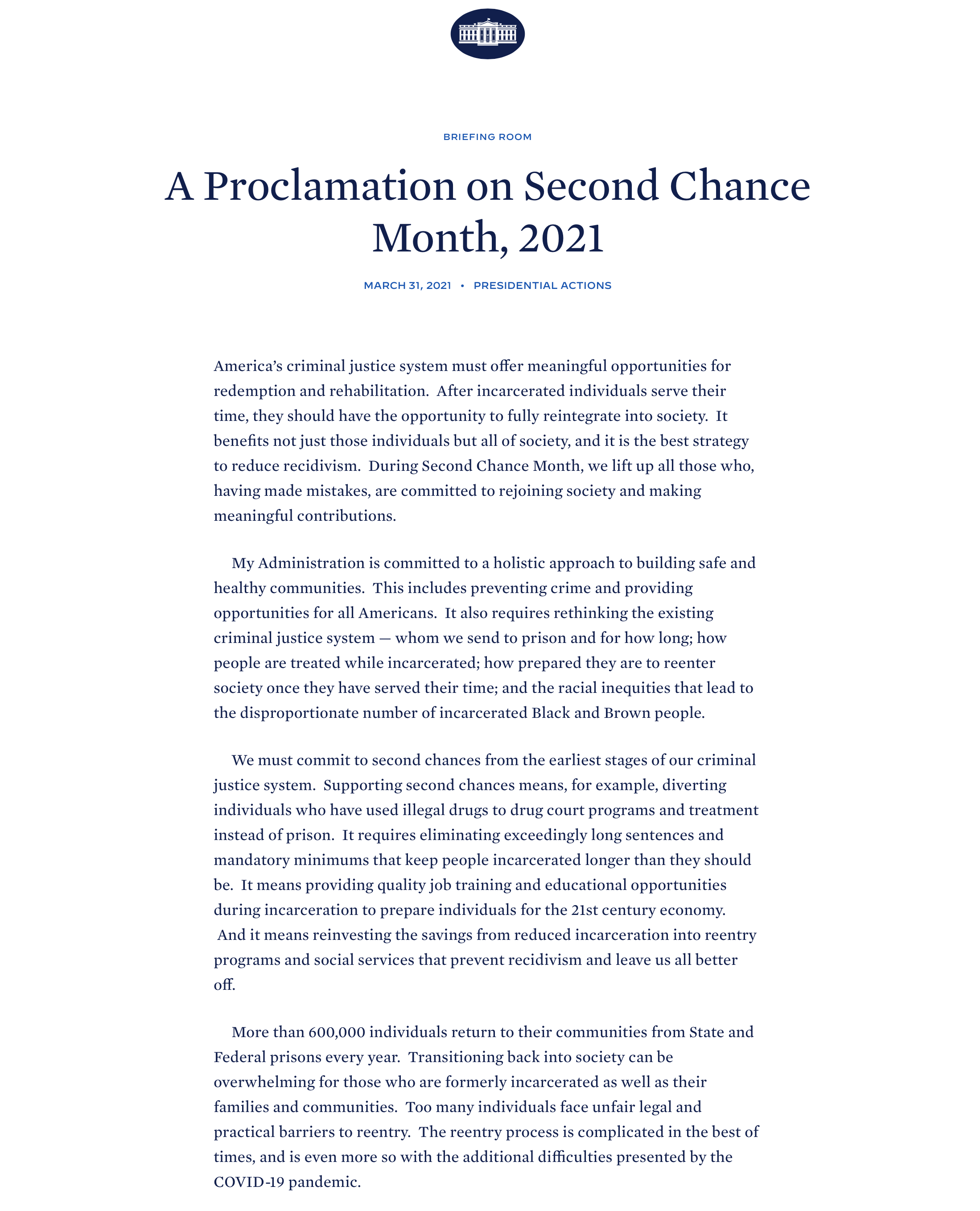 A Proclamation on Second Chance Month, 2021 screenshot