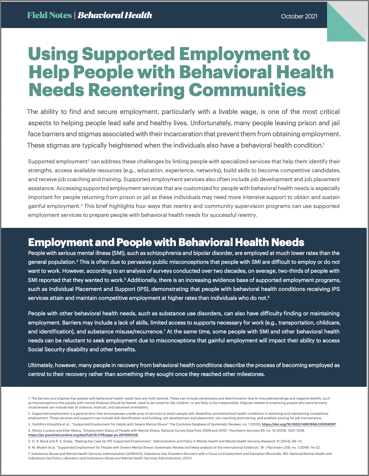 Using Supported Employment to Help People with Behavioral Health Needs brief cover image