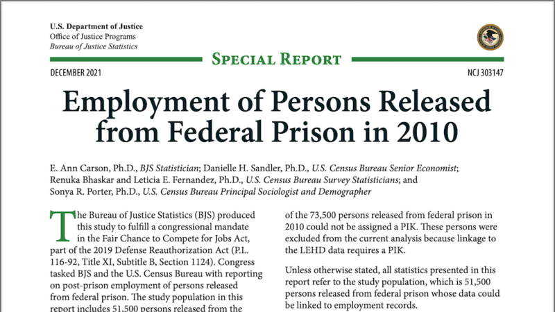 Employment of Persons Released from Federal Prison 2010 report cover