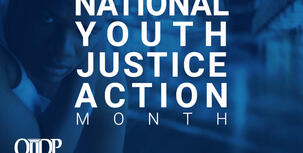 Young man looking at viewer alongside the National Youth Justice Action Month logo