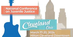 Conference banner with guitar and Cleveland skyline icons