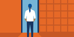 1 person walking into a blue door 