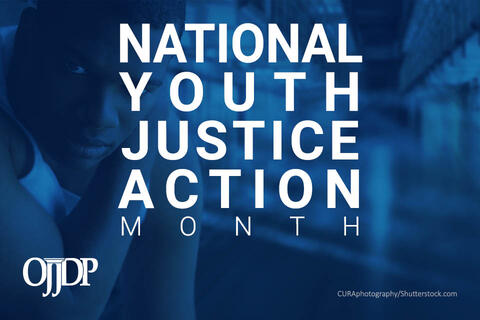 Young man looking at viewer alongside the National Youth Justice Action Month logo