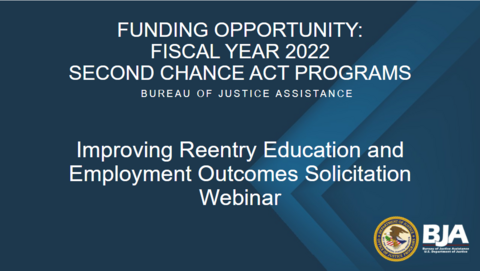 Funding Opportunity FY22: Improving Reentry Education and Employment Outcomes Solicitation Webinar Cover