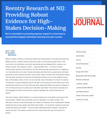 Reentry Research At NIJ Cover