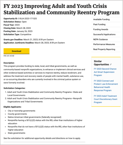 FY 2023 Improving Adult and Youth Crisis Stabilization and Community Reentry Program solicitation page