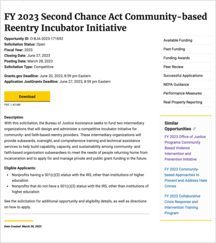 FY 2023 Second Chance Act Community-based Reentry Incubator Initiative solicitation page
