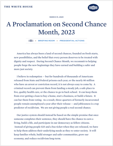 A Proclamation on Second Chance Month, 2023