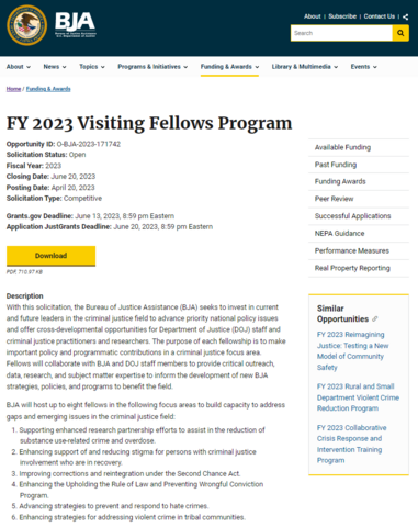 BJA FY 2023 Visiting Fellows Program solicitation page