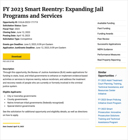 FY 2023 Smart Reentry Expanding Jail Programs and Services solicitation page