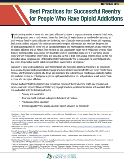 Best Practices for Successful Reentry for People Who Have Opioid Addictions report cover image