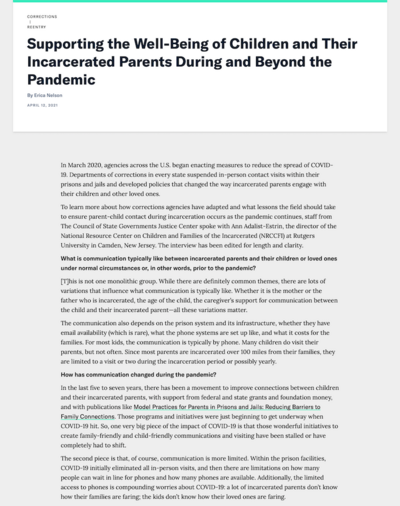 Supporting Wellbeing of Children and Incarcerated Parents brief screenshot