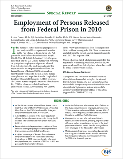 Employment of Persons Released from Federal Prison 2010 report cover