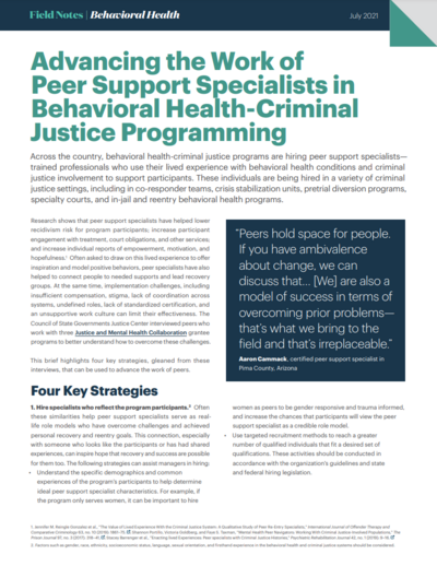 Advancing the Work of Peer Support Specialists in Behavioral Health-Criminal Justice Programming Cover