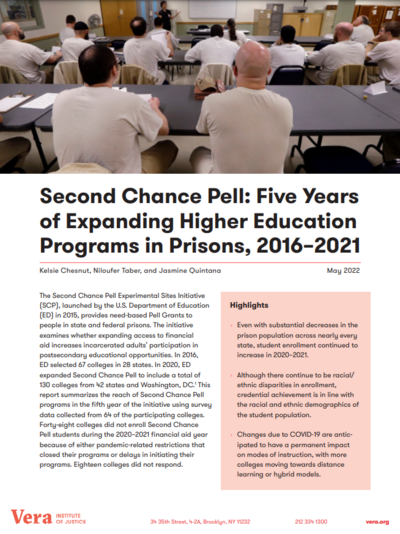 Second Chance Pell: Five Years of Expanding Higher Education Programs in Prisons, 2016-2021 Cover