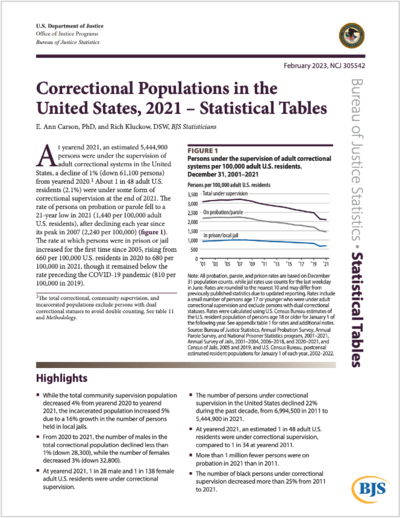 Correctional Populations in the  United States, 2021 report cover