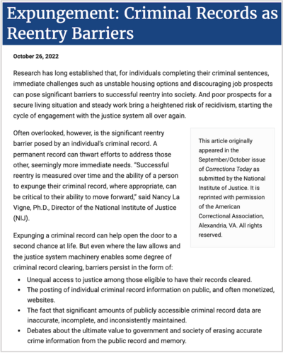 Expungement: Criminal Records as Reentry Barriers article cover