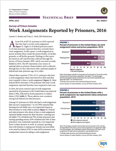 Work Assignments Reported by Prisoners, 2016 report cover