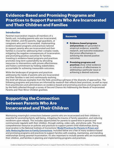 Evidence-Based and Promising Programs and Practices to Support Parents Who Are Incarcerated and Their Children and Families
